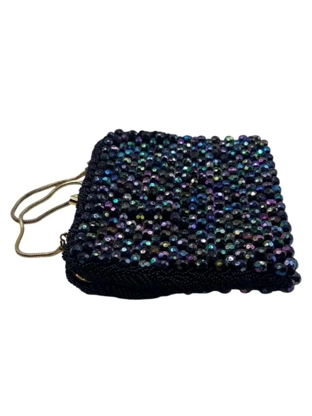 Vintage Black Beaded Evening Clutch Bag Iridescent Beads & Gold Chain Strap